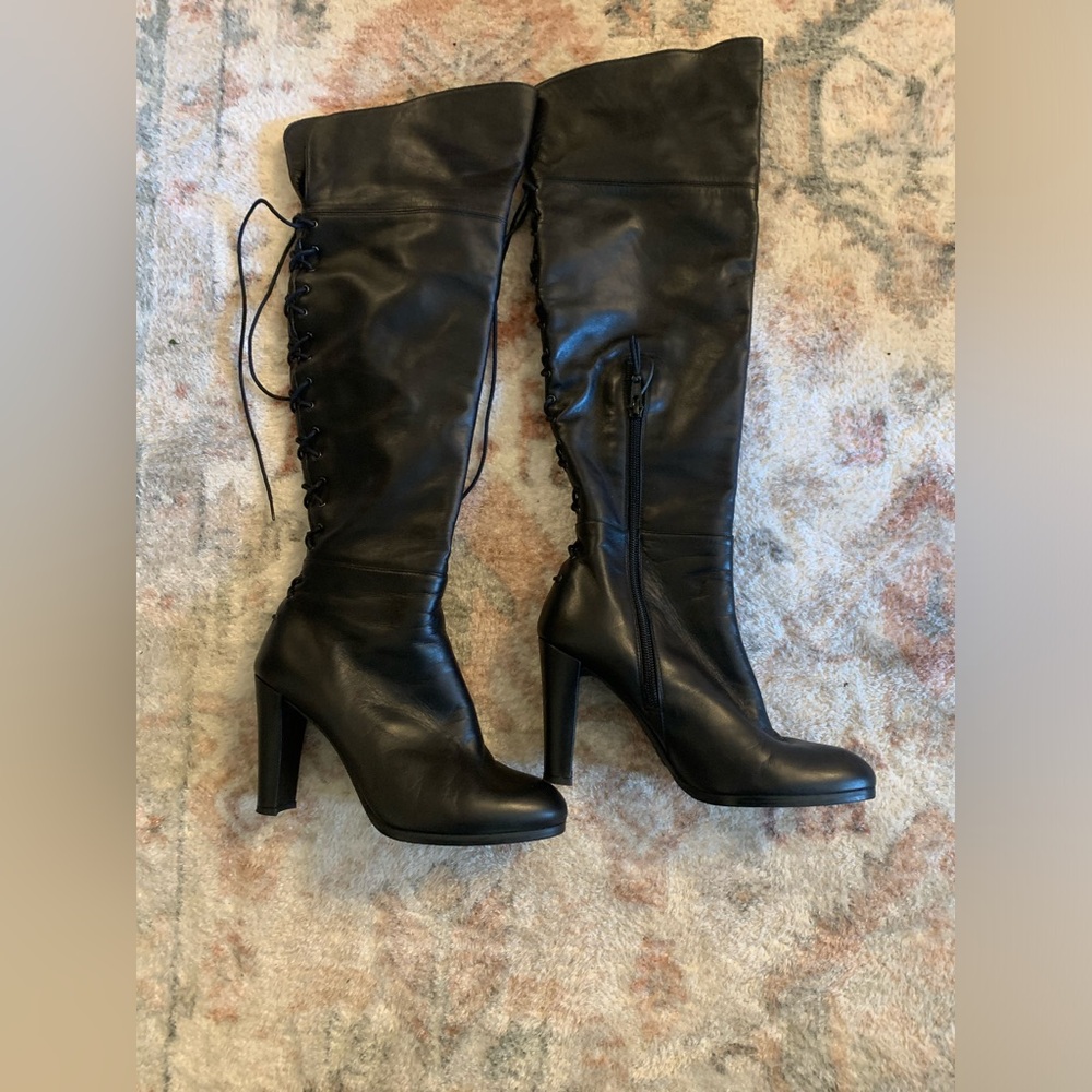 Stuart Weitzman Lace Back Black Leather Boots